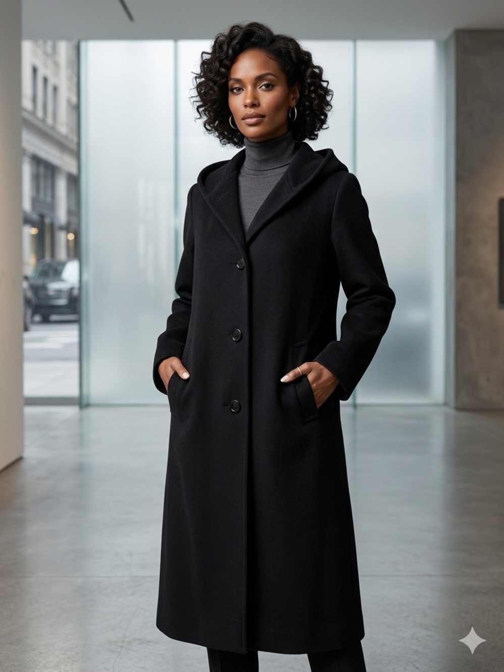 Vintage Kristen Blake Black Hooded Wool Blend Long Coat, Size S